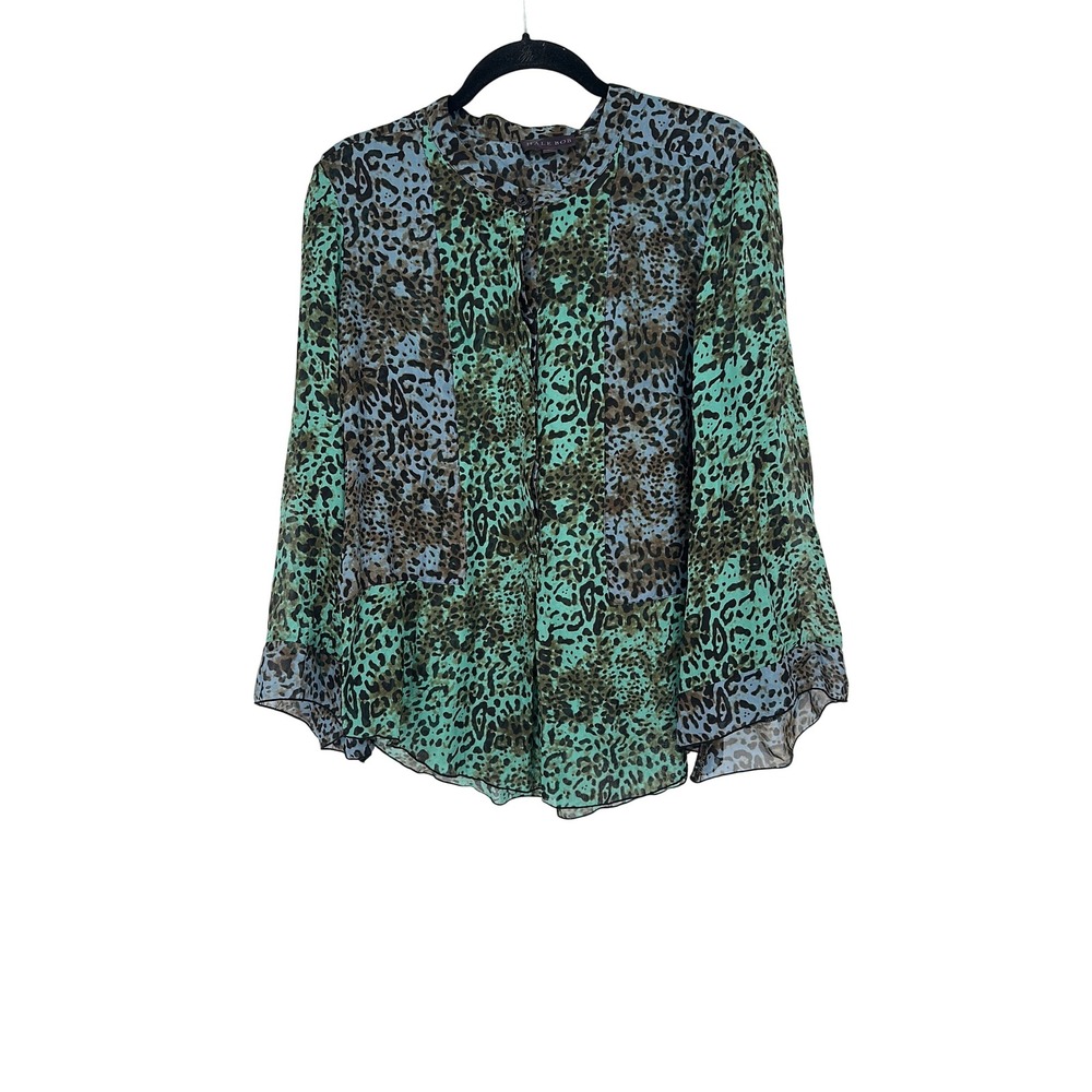 Hale Bob Silk Animal Print Button Up Blouse Top Teal Blue Brown Womens‎